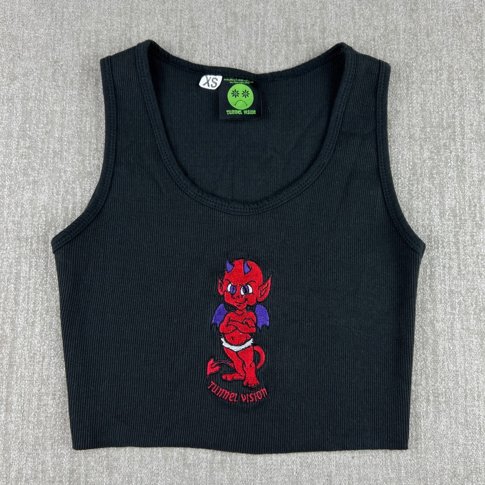 Tunnel Vision Tank Top Women XS Black Embroidered Devil Ribbed Crop Goth Grunge